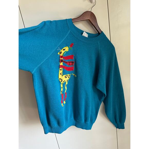 Vintage Giraffe Sweatshirt Blue size Large Handmade Quilted Novelty Statement - Picture 2 of 5